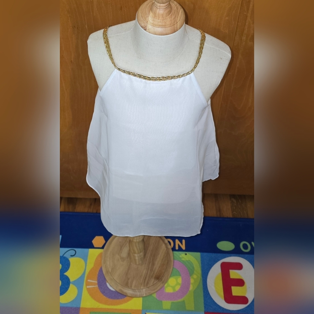 Girls SZ 2 White TOP w/ Gold Braided Neckline Sleeveless / NEW - Picture 2 of 10